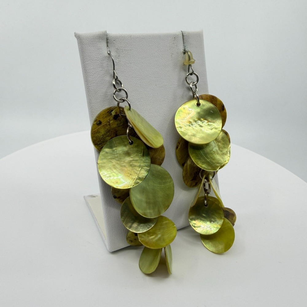 Natural Shell Disc Statement Dangle Earrings Multi-Layered Boho Beach Jewelry - Picture 7 of 13